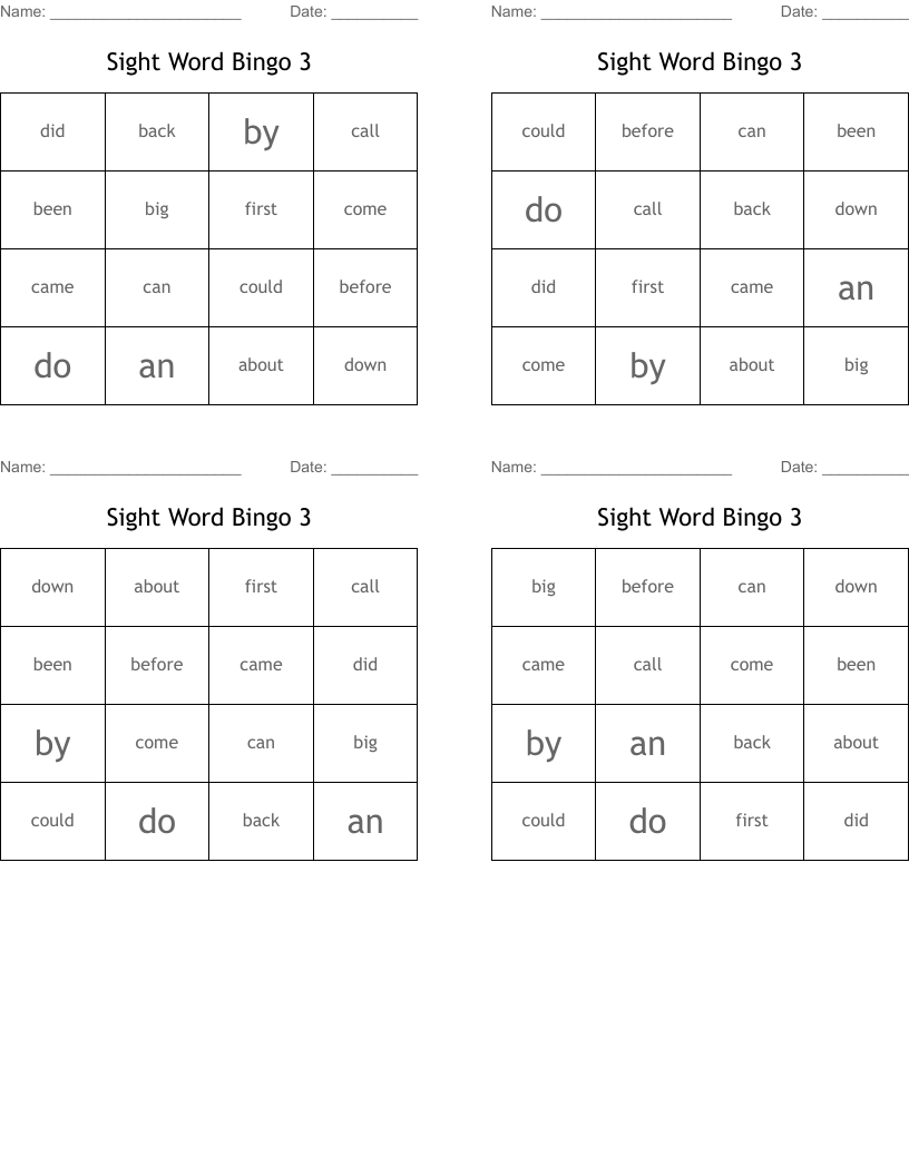 Sight Word Bingo 3