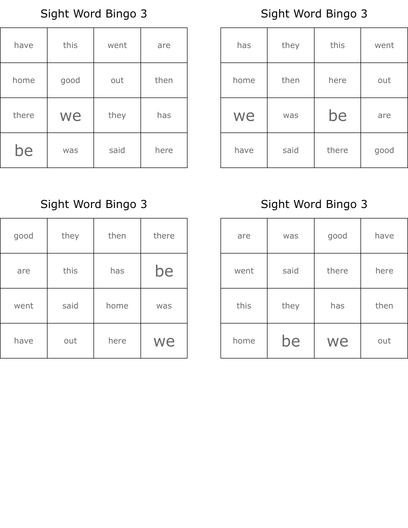 Sight Word Bingo 3