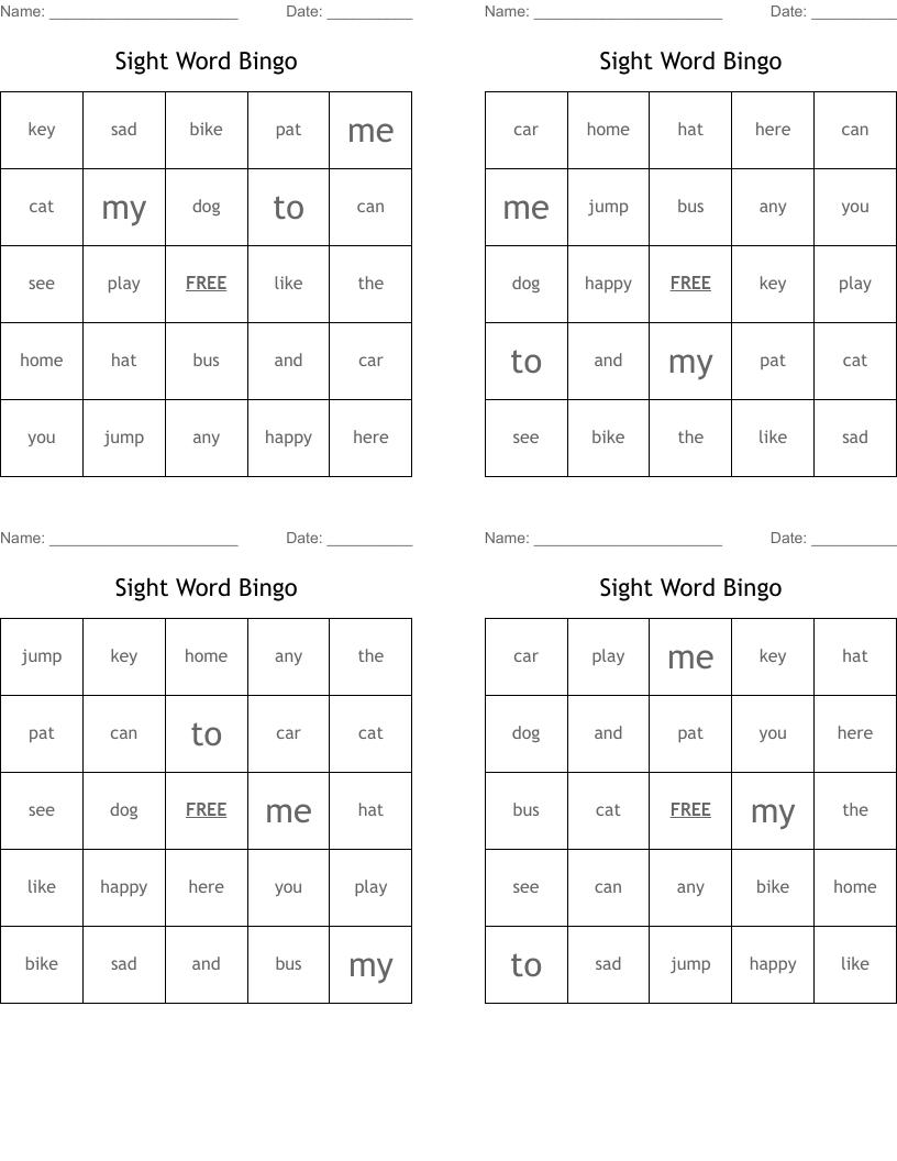 Sight Word Bingo