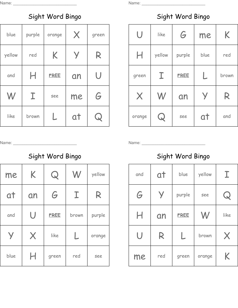 Sight Word Bingo