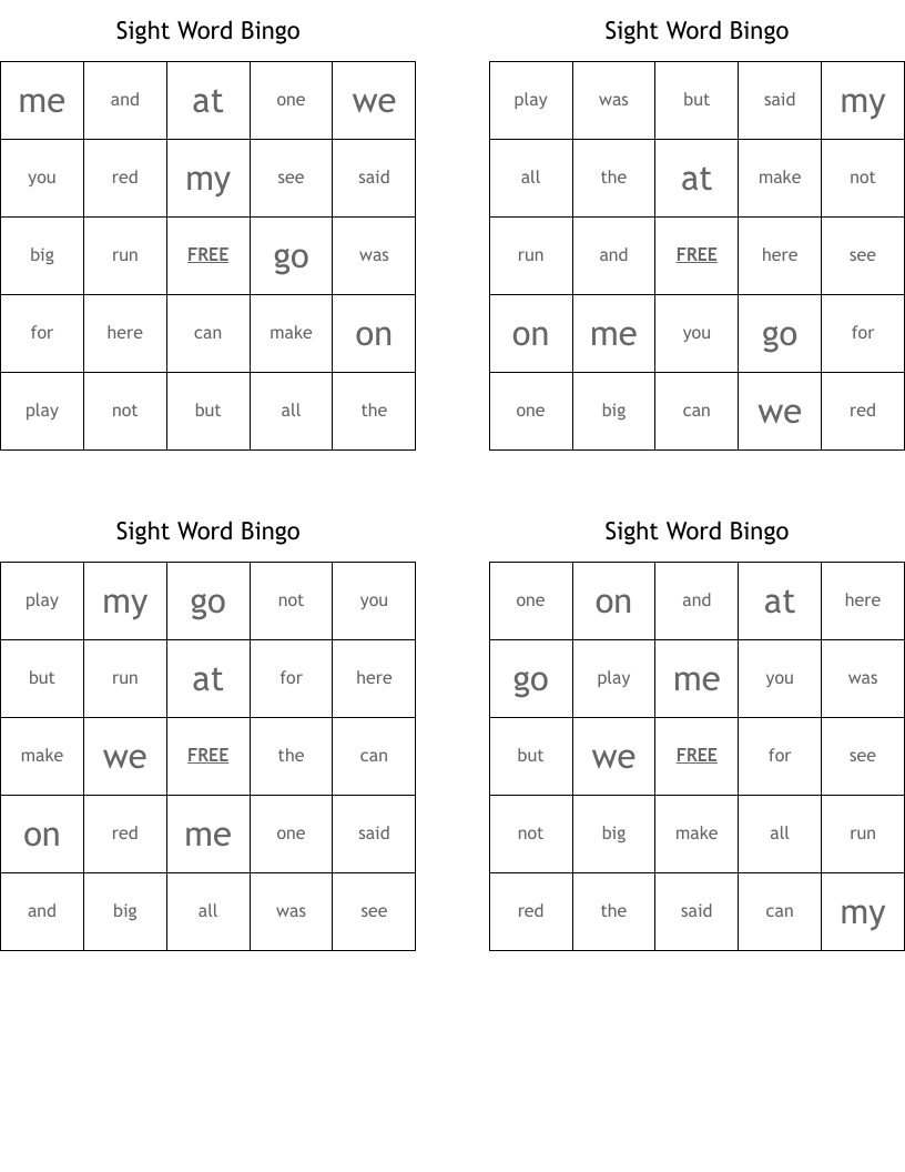 Sight Word Bingo