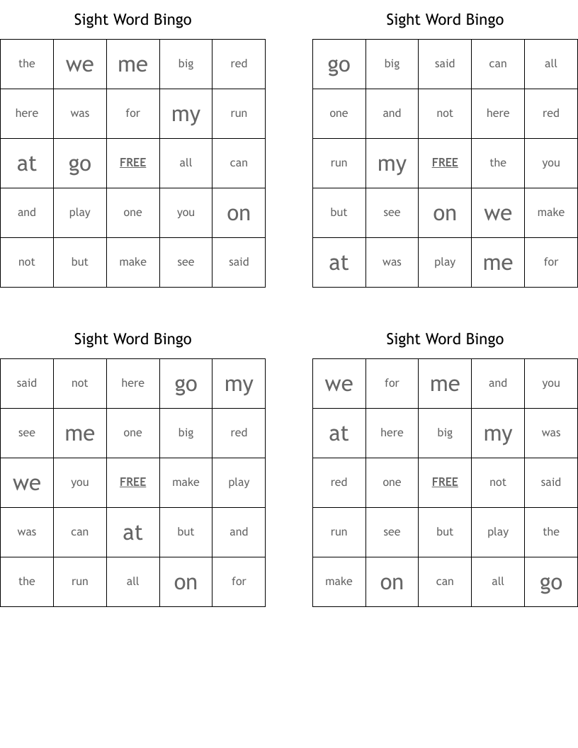 Sight Word Bingo