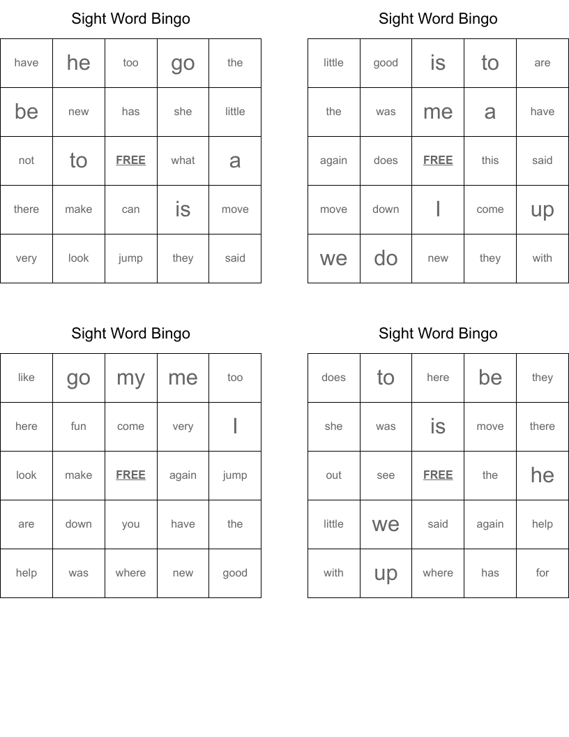 Sight Word Bingo