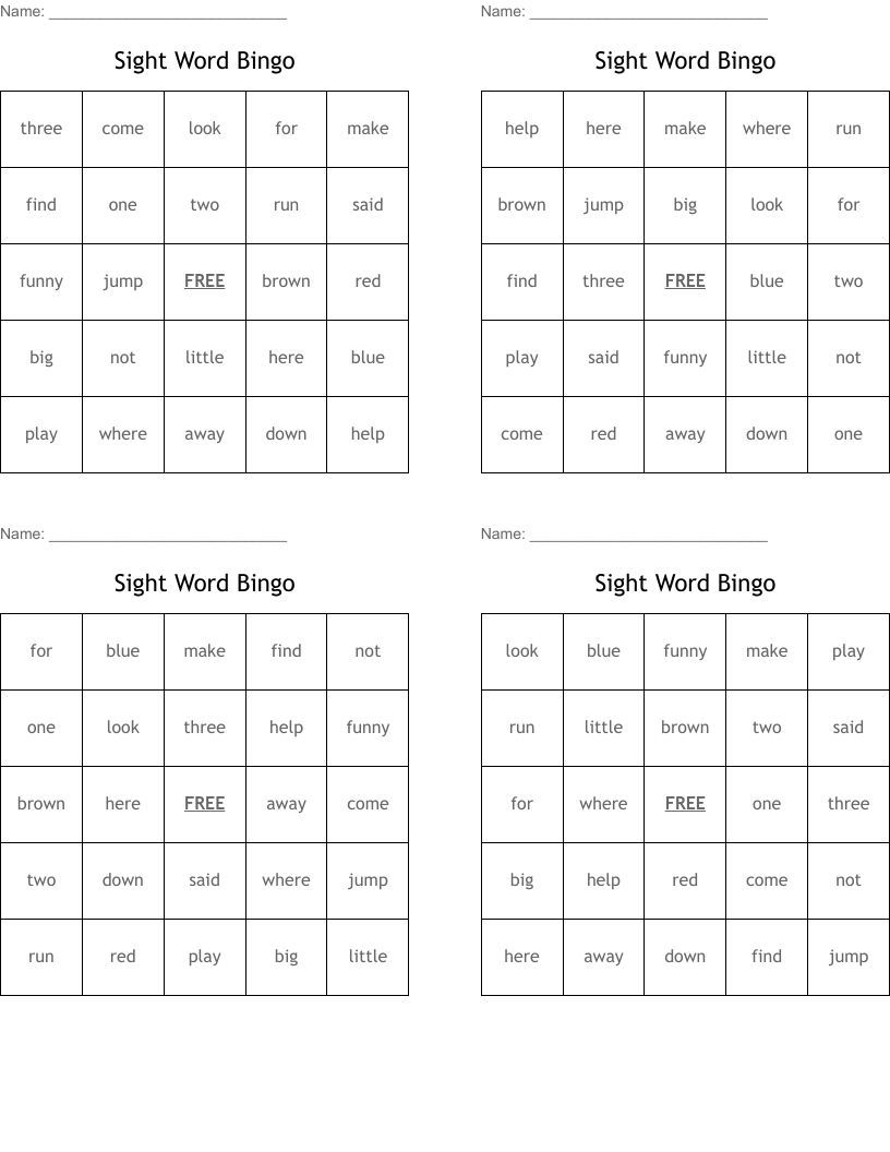Sight Word Bingo