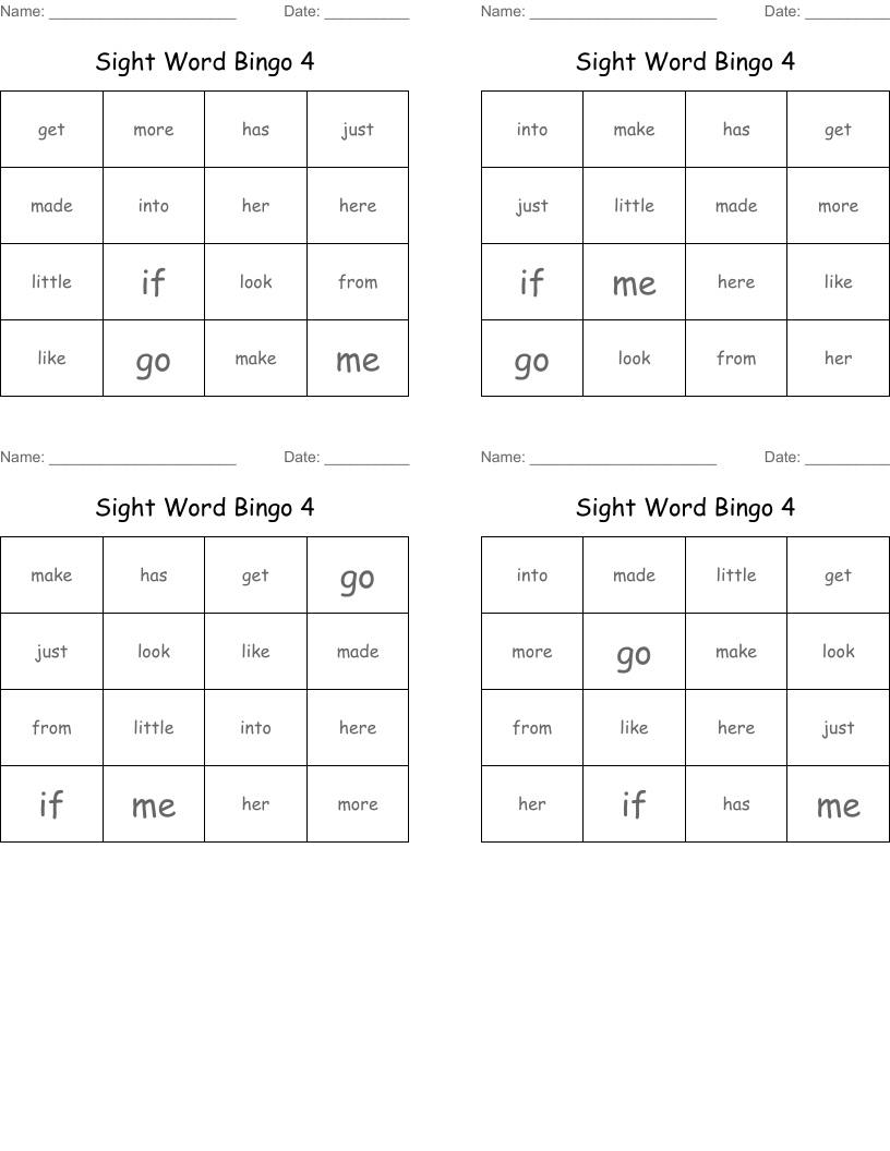 Sight Word Bingo 4