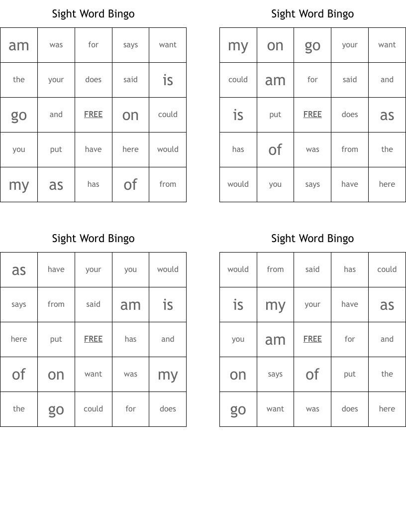 Sight Word Bingo