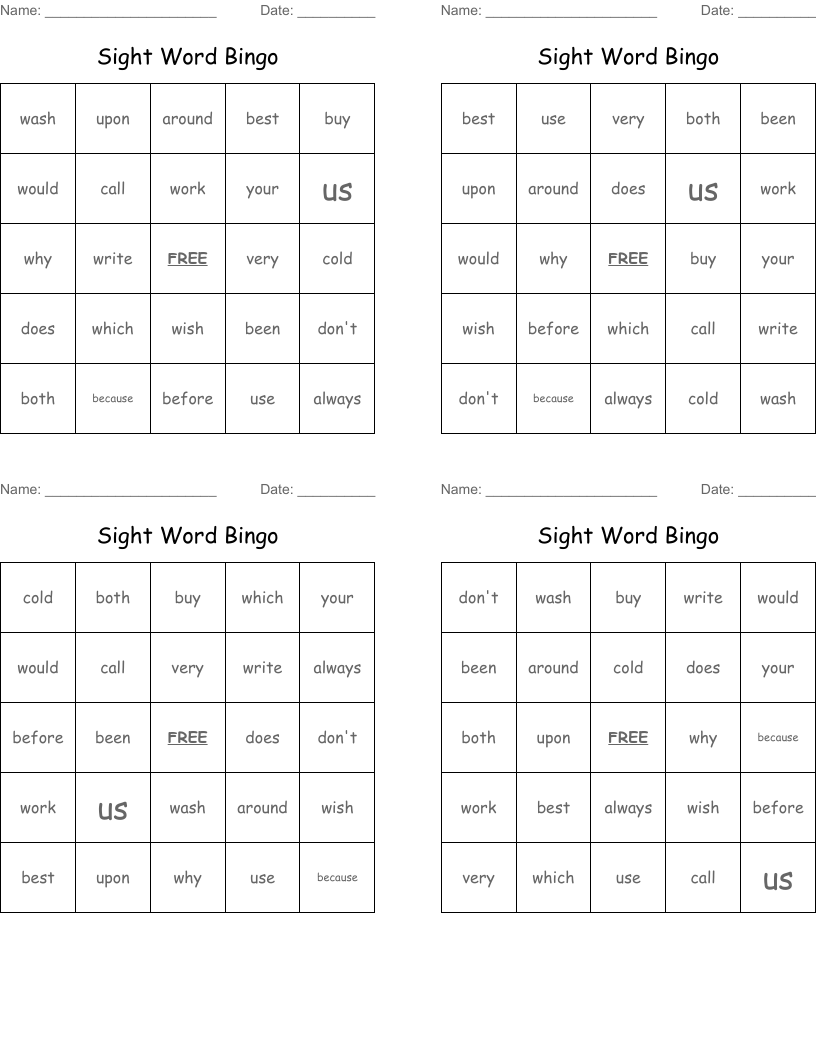 Sight Word Bingo