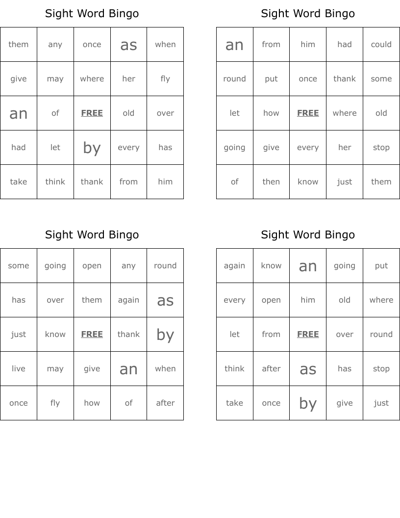 Sight Word Bingo