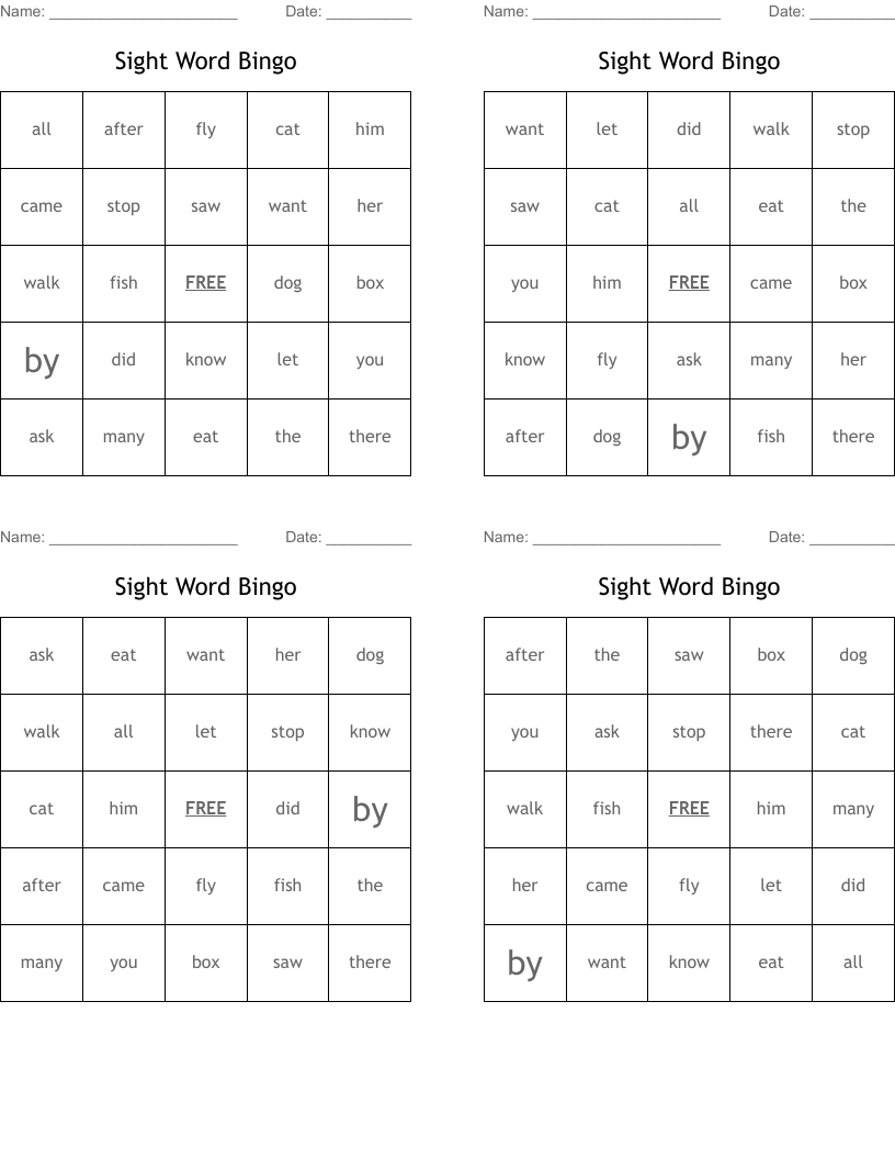 Sight Word Bingo