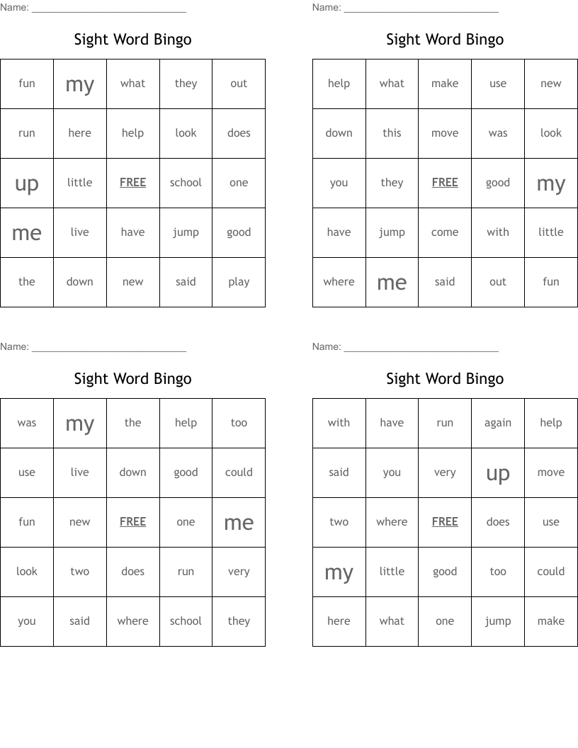 Sight Word Bingo