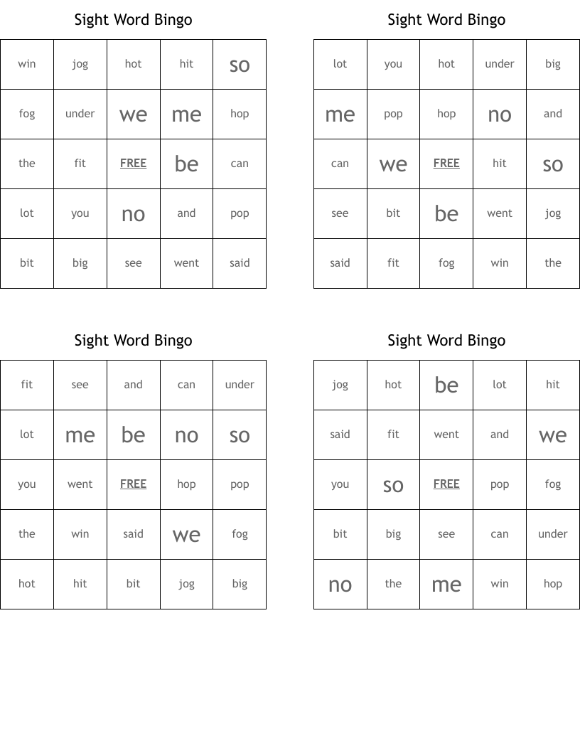 Sight Word Bingo