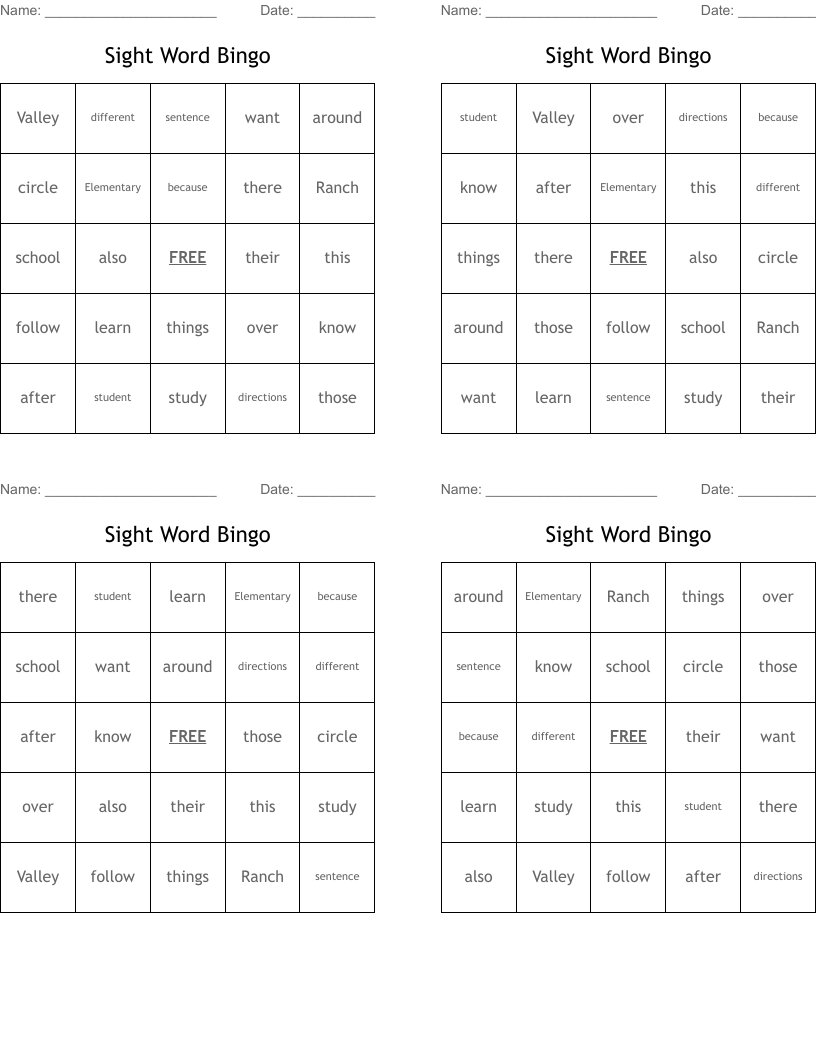 Sight Word Bingo