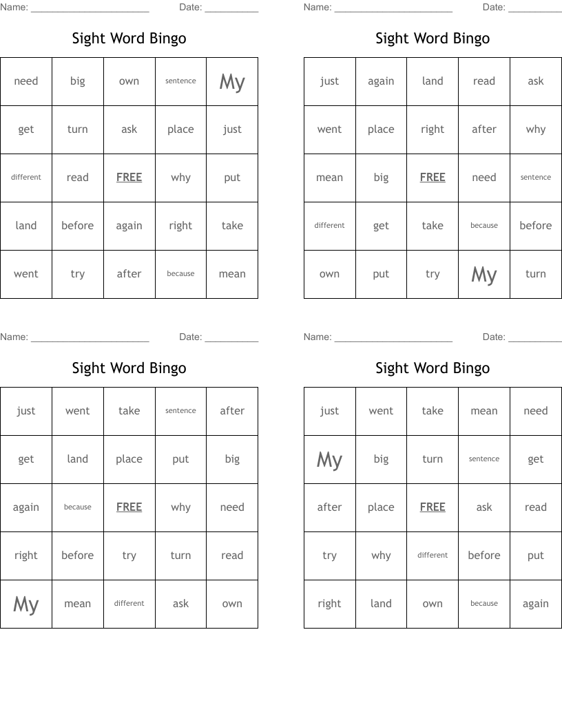 Sight Word Bingo