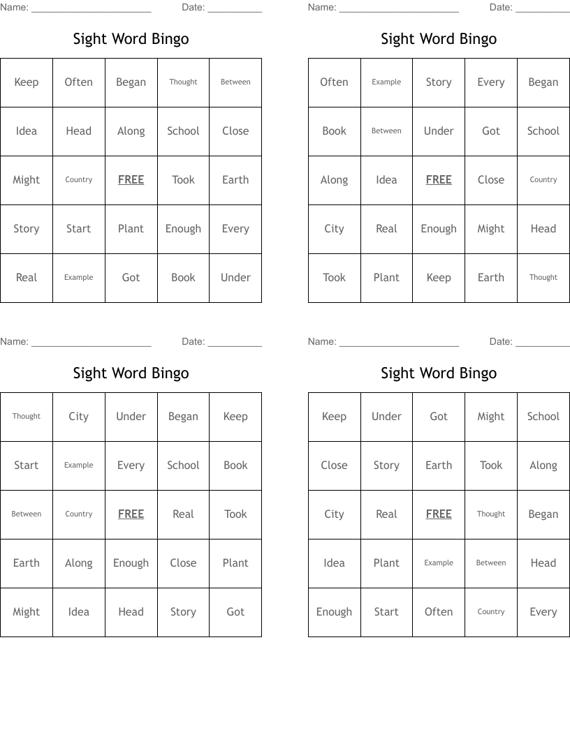 Sight Word Bingo