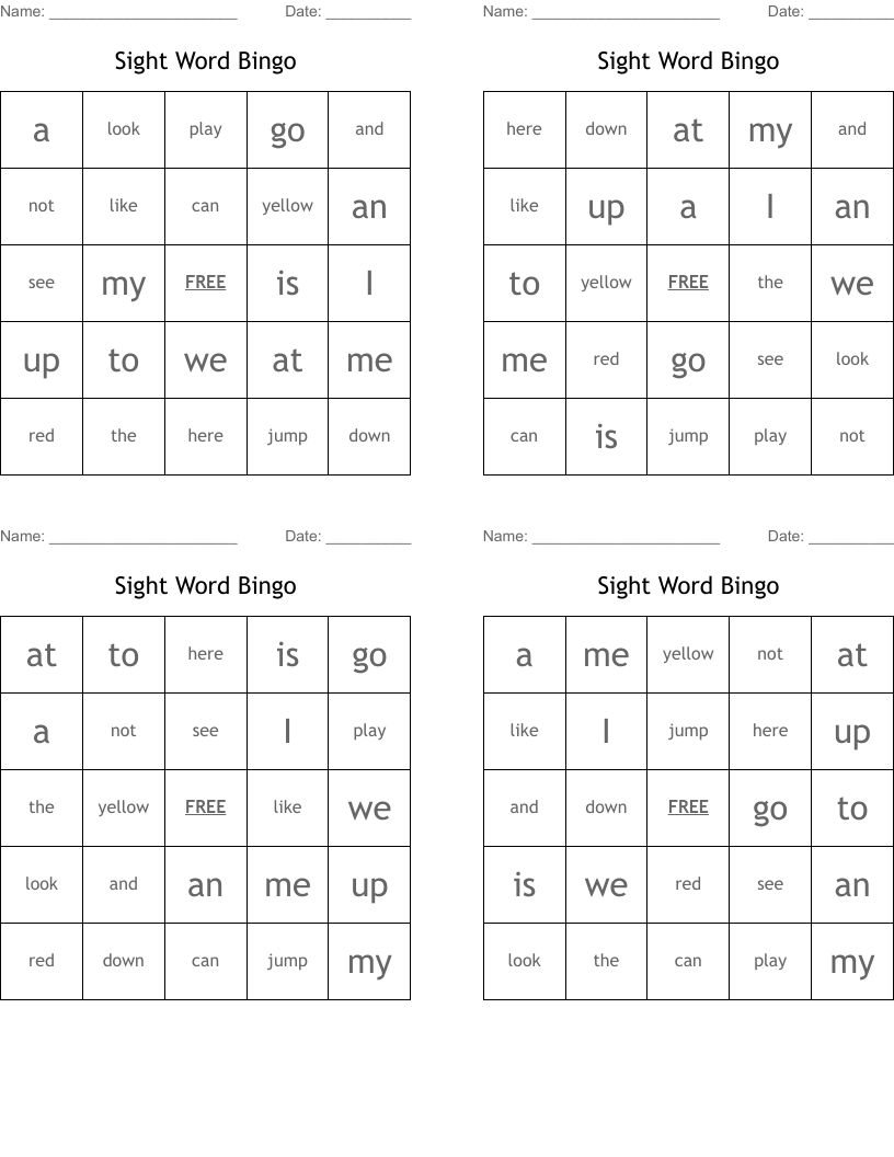 Sight Word Bingo