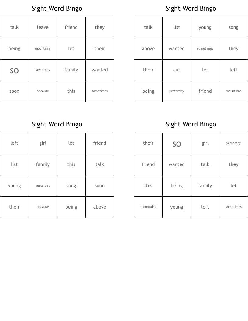 Sight Word Bingo