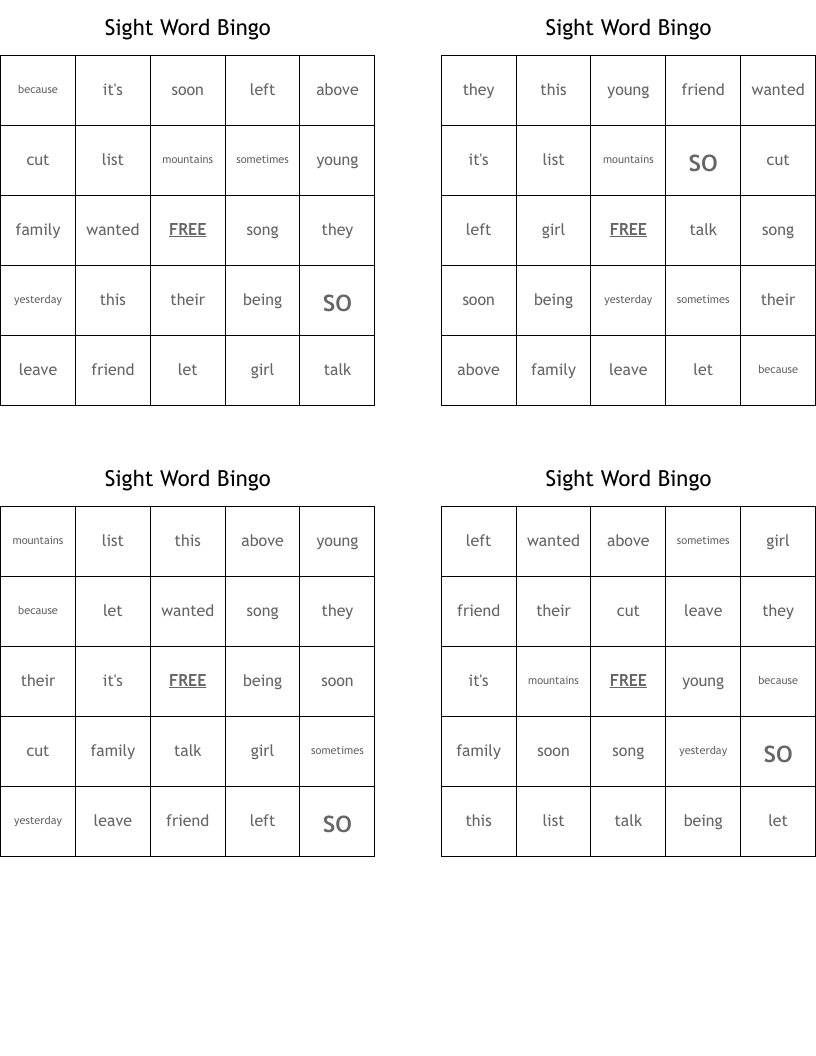 Sight Word Bingo