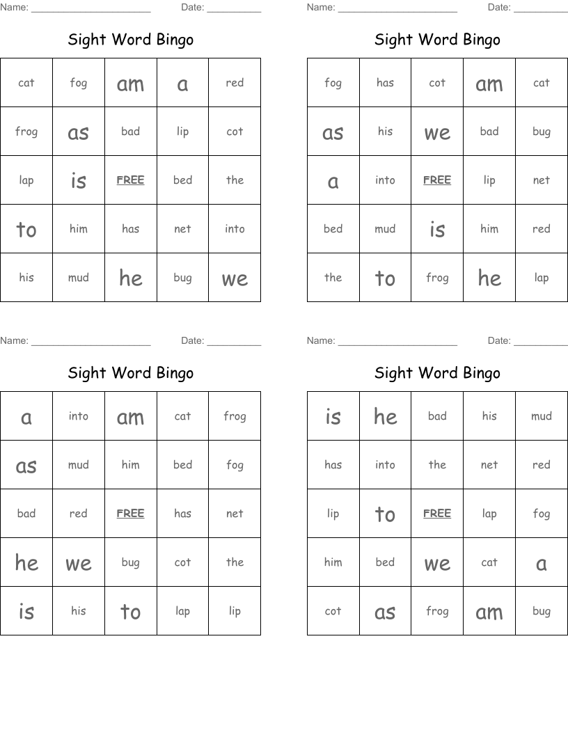Sight Word Bingo