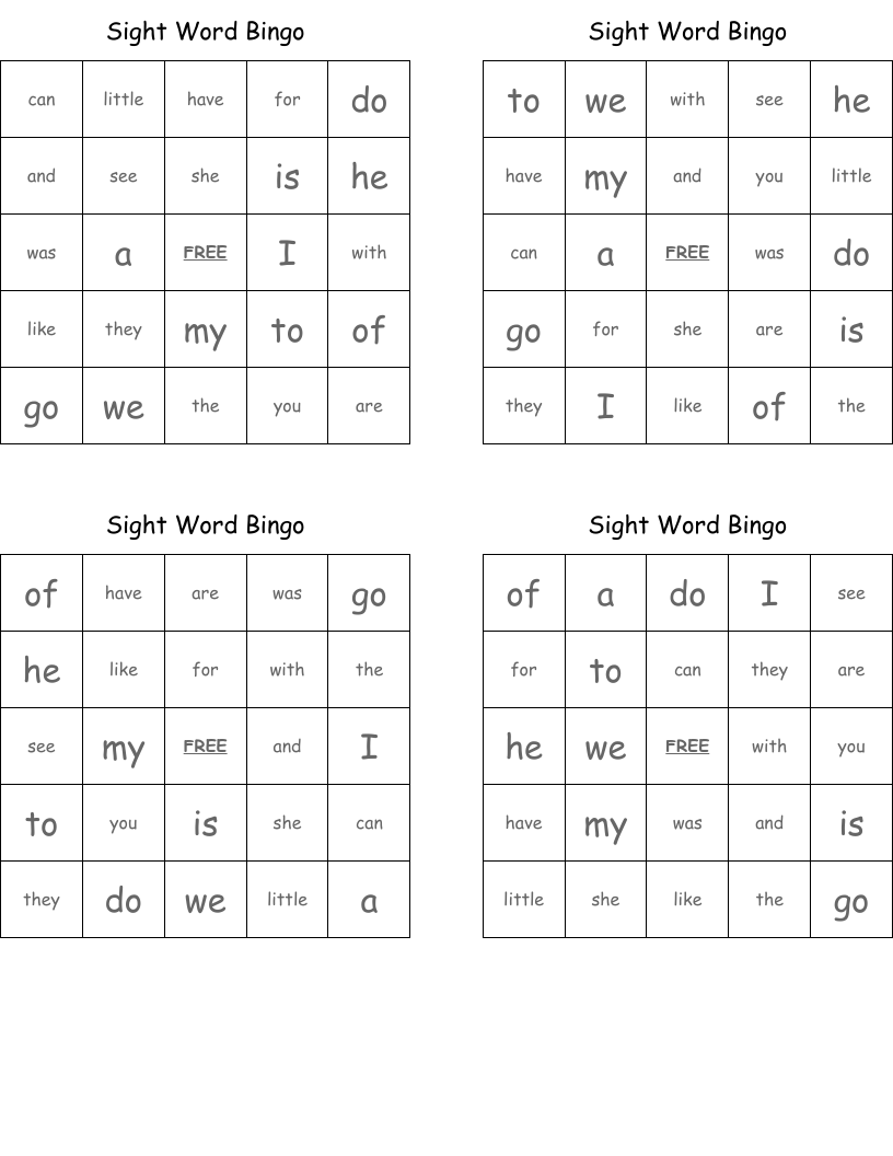 Sight Word Bingo