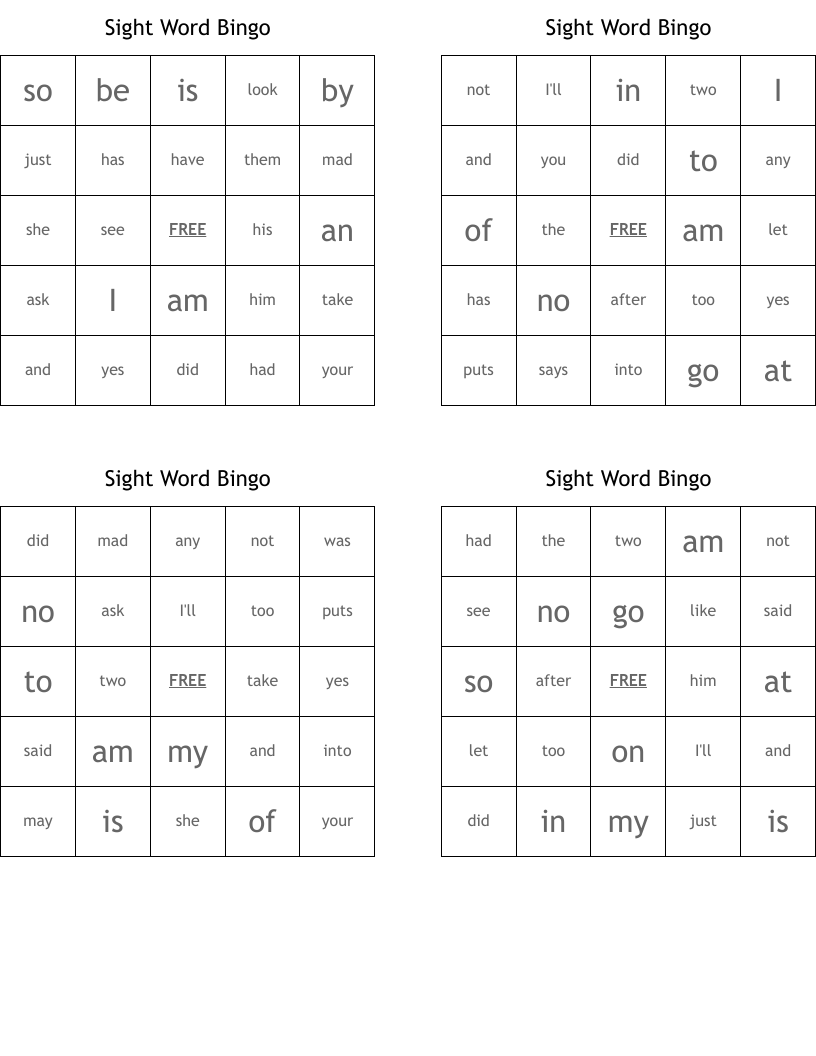Sight Word Bingo