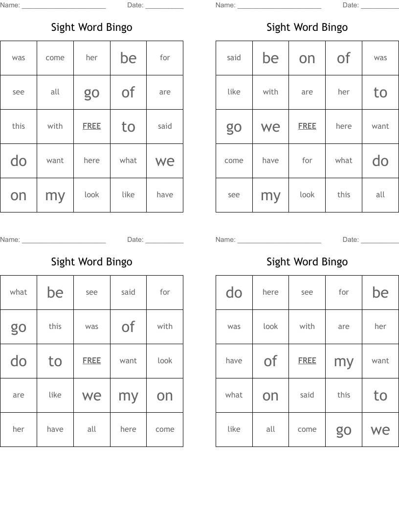 Sight Word Bingo
