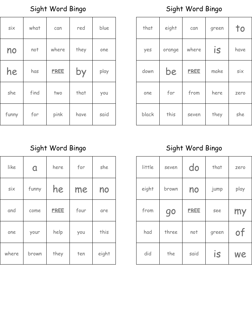 Sight Word Bingo