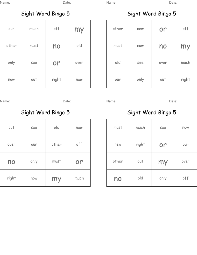 Sight Word Bingo 5
