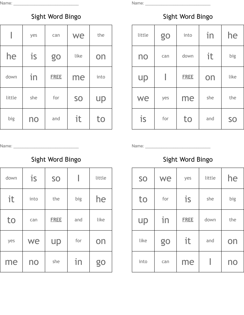 Sight Word Bingo