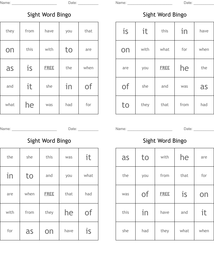 Sight Word Bingo