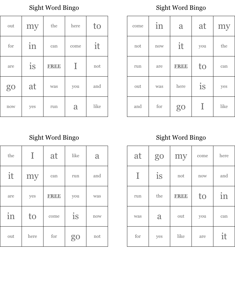 Sight Word Bingo