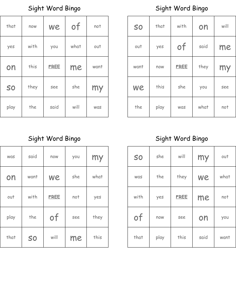 Sight Word Bingo