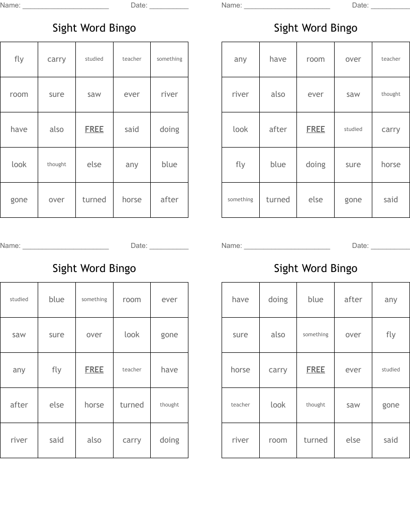 Sight Word Bingo