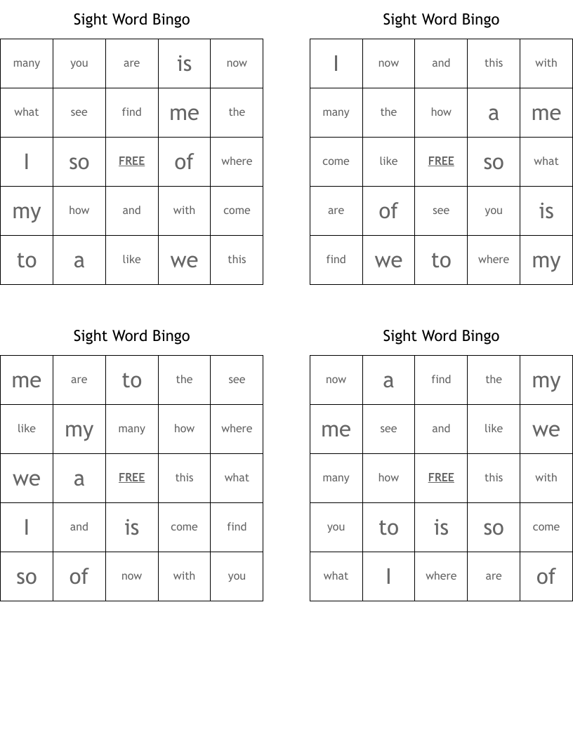 Sight Word Bingo