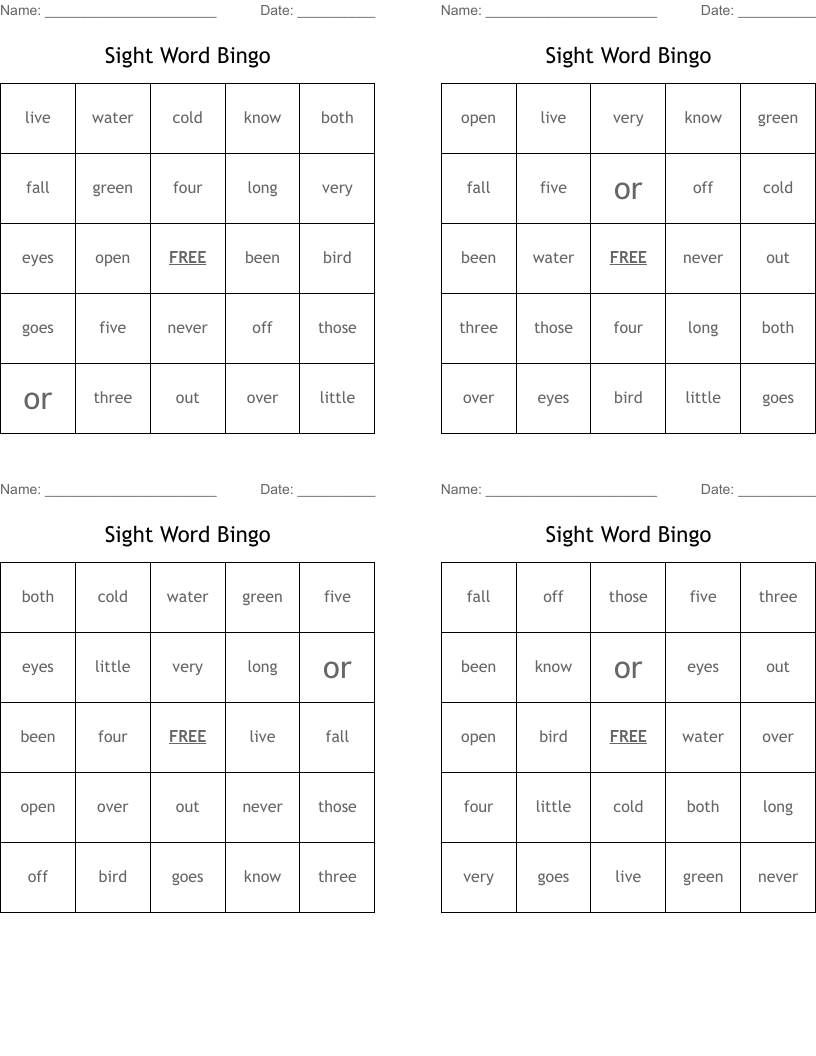 Sight Word Bingo