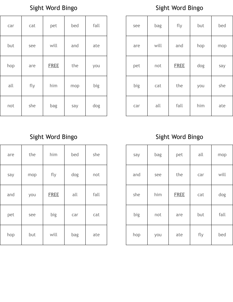 Sight Word Bingo