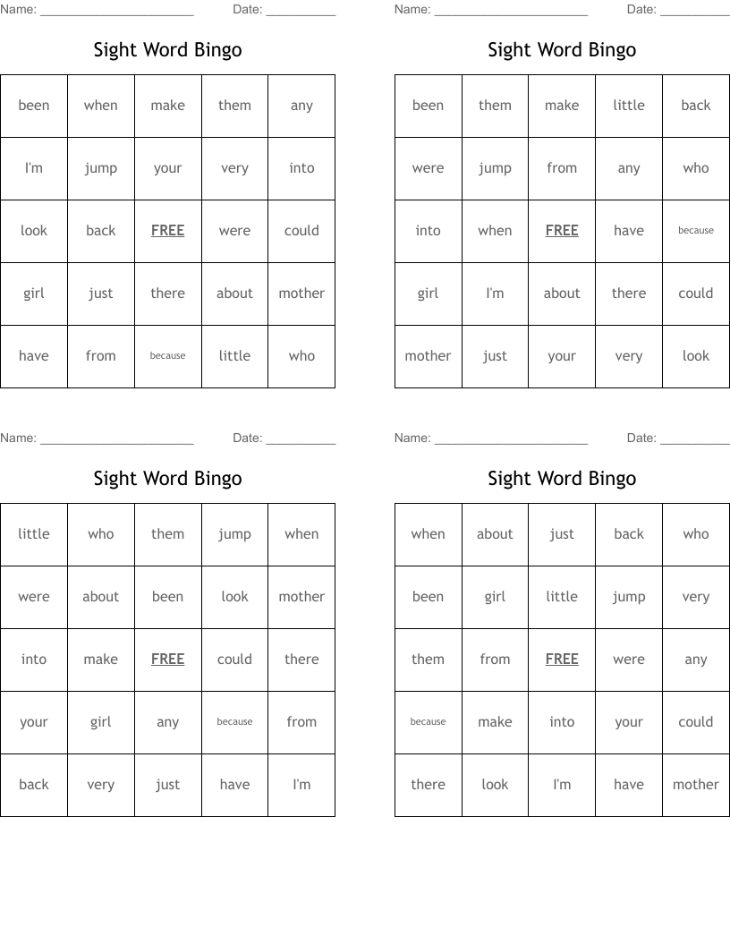 Sight Word Bingo
