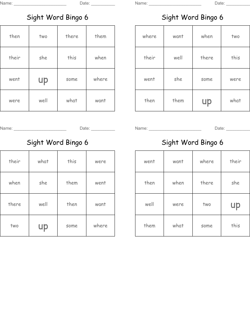 Sight Word Bingo 6