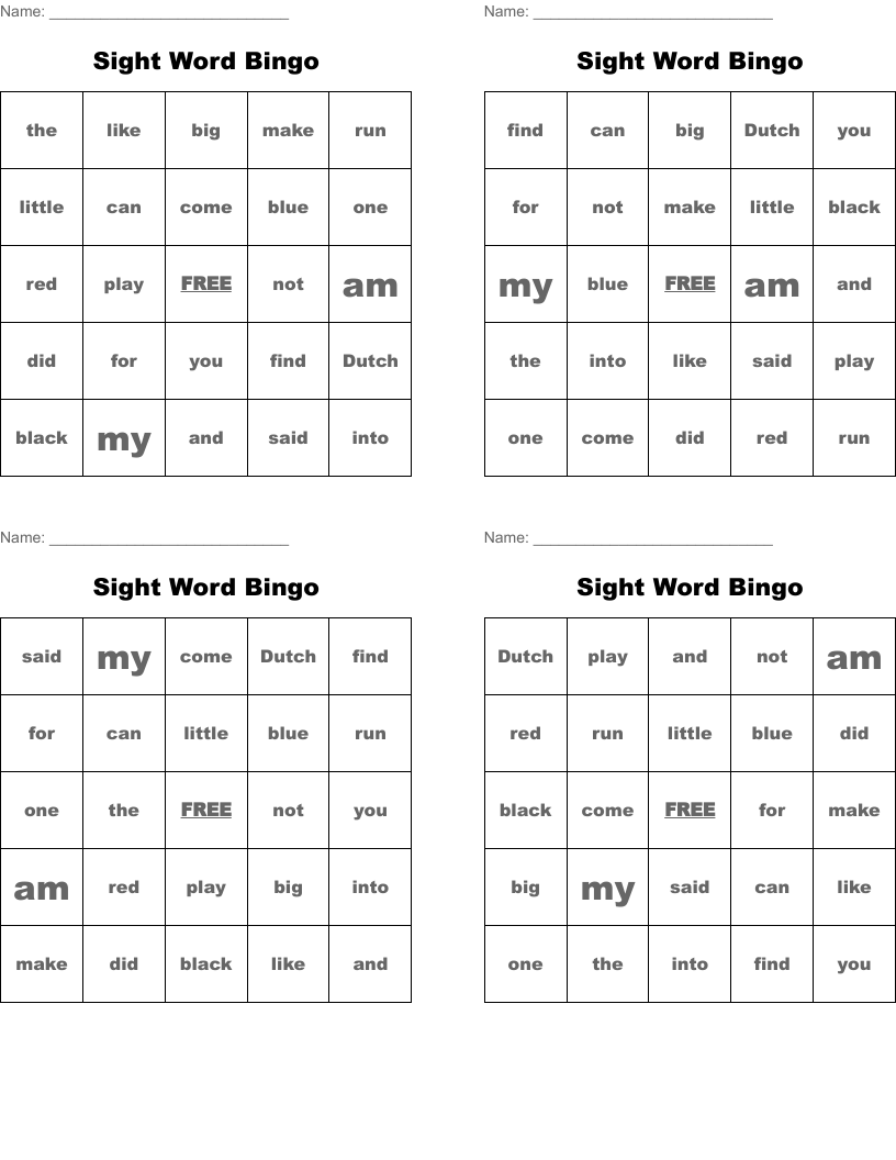Sight Word Bingo