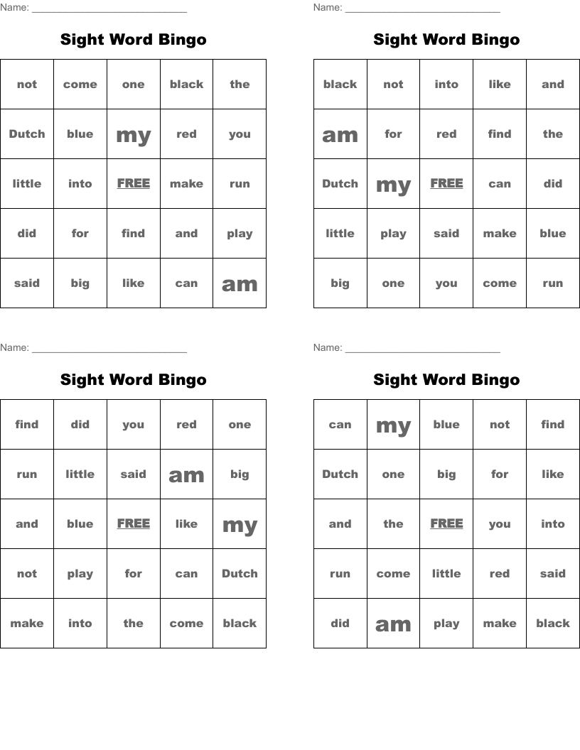 Sight Word Bingo