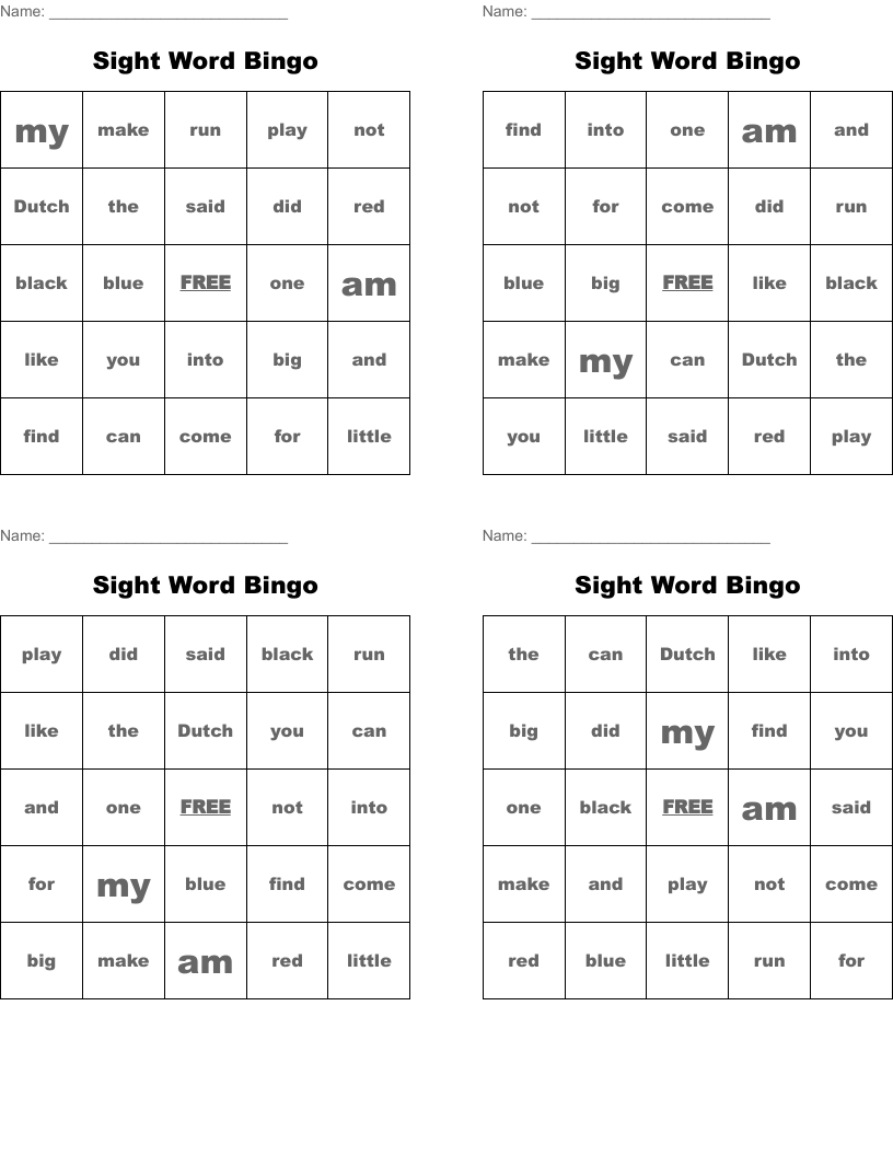 Sight Word Bingo