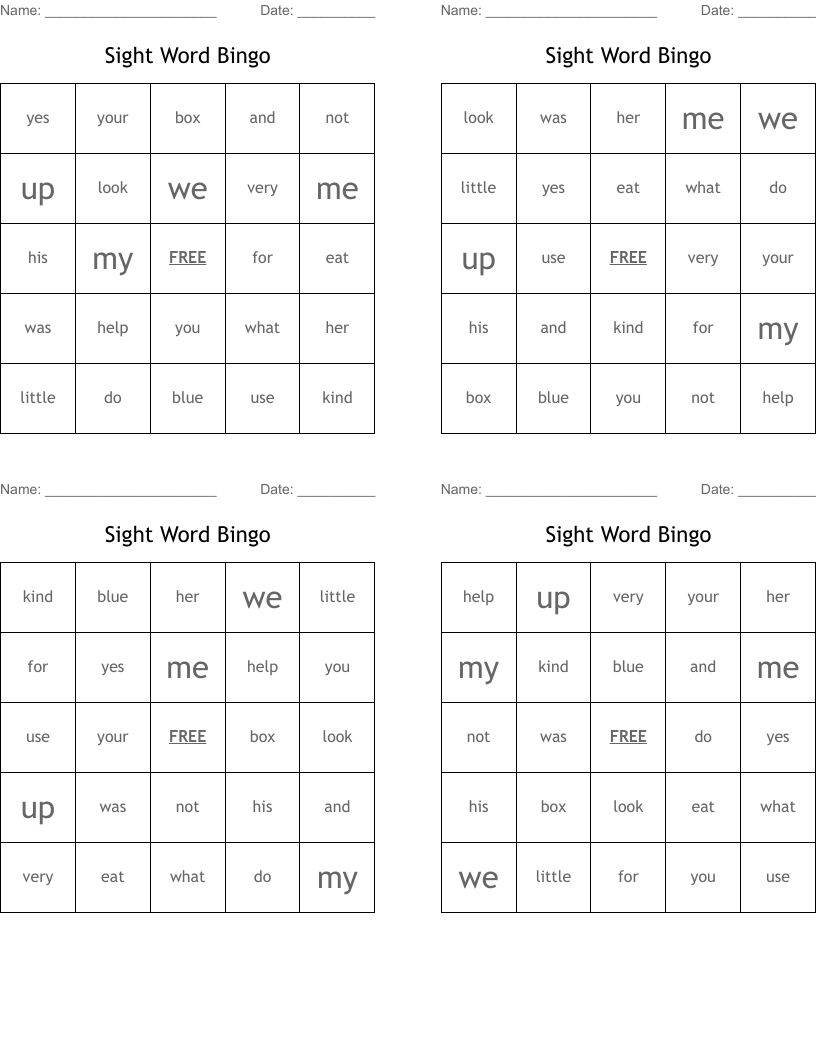 Sight Word Bingo