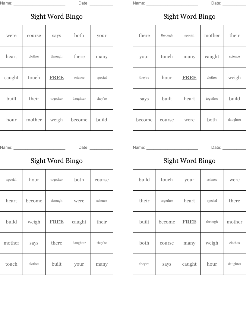 Sight Word Bingo