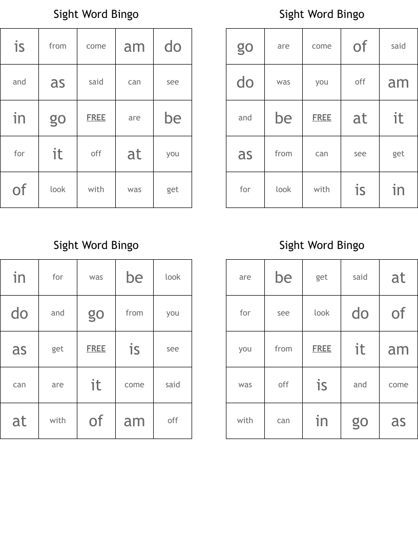 Sight Word Bingo