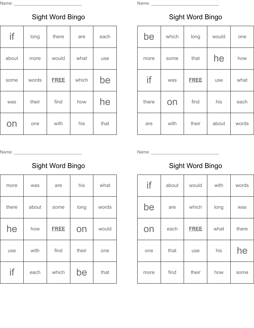 Sight Word Bingo