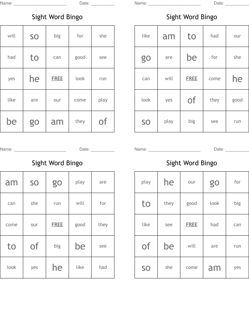 Sight Word Bingo