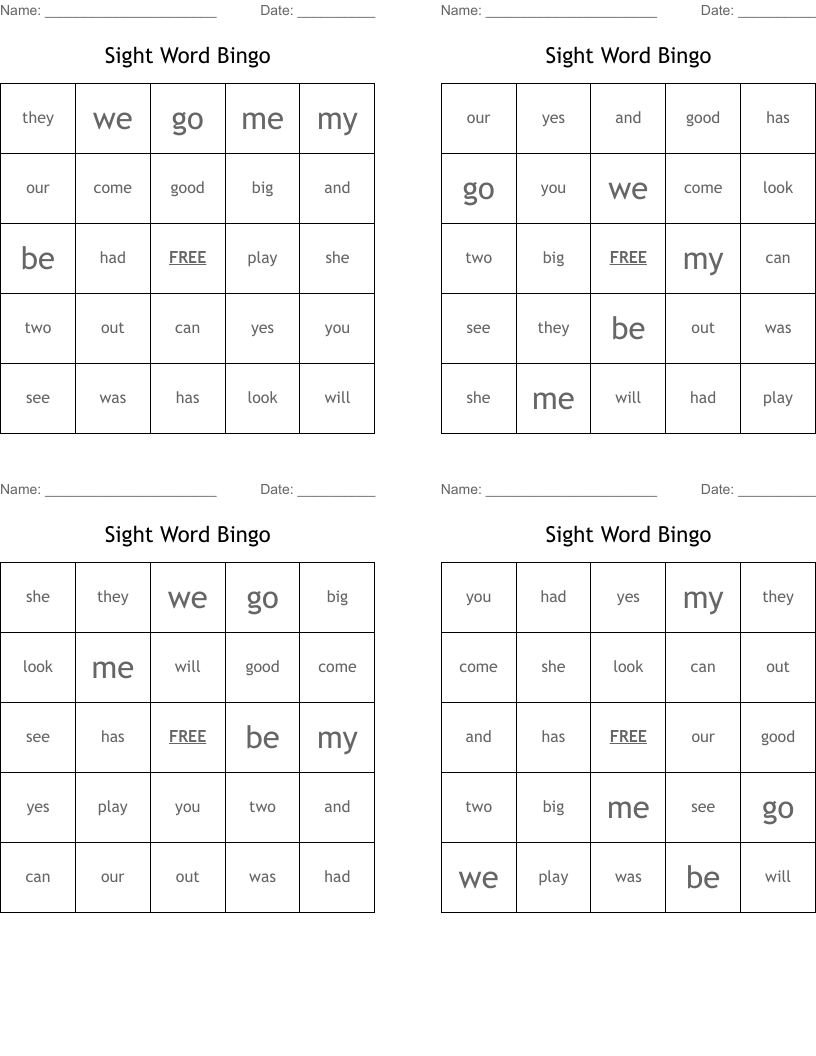 Sight Word Bingo
