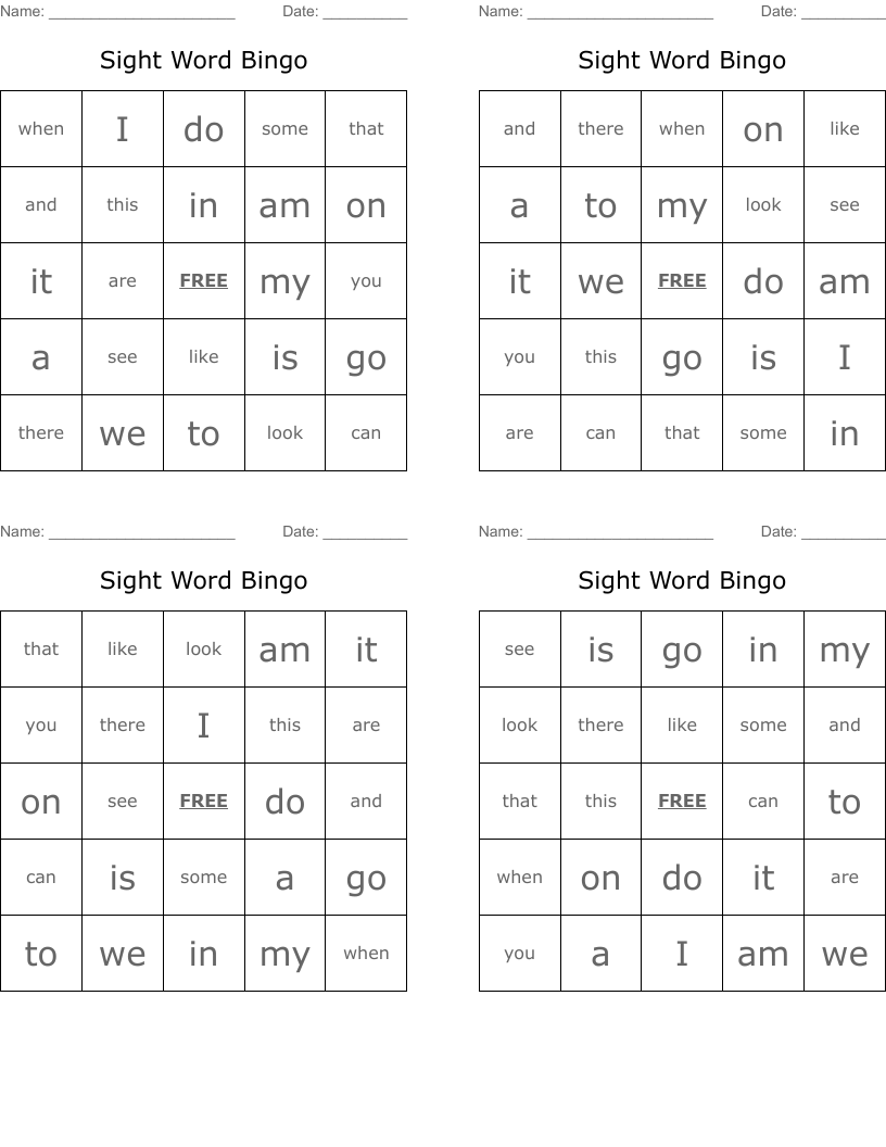 Sight Word Bingo