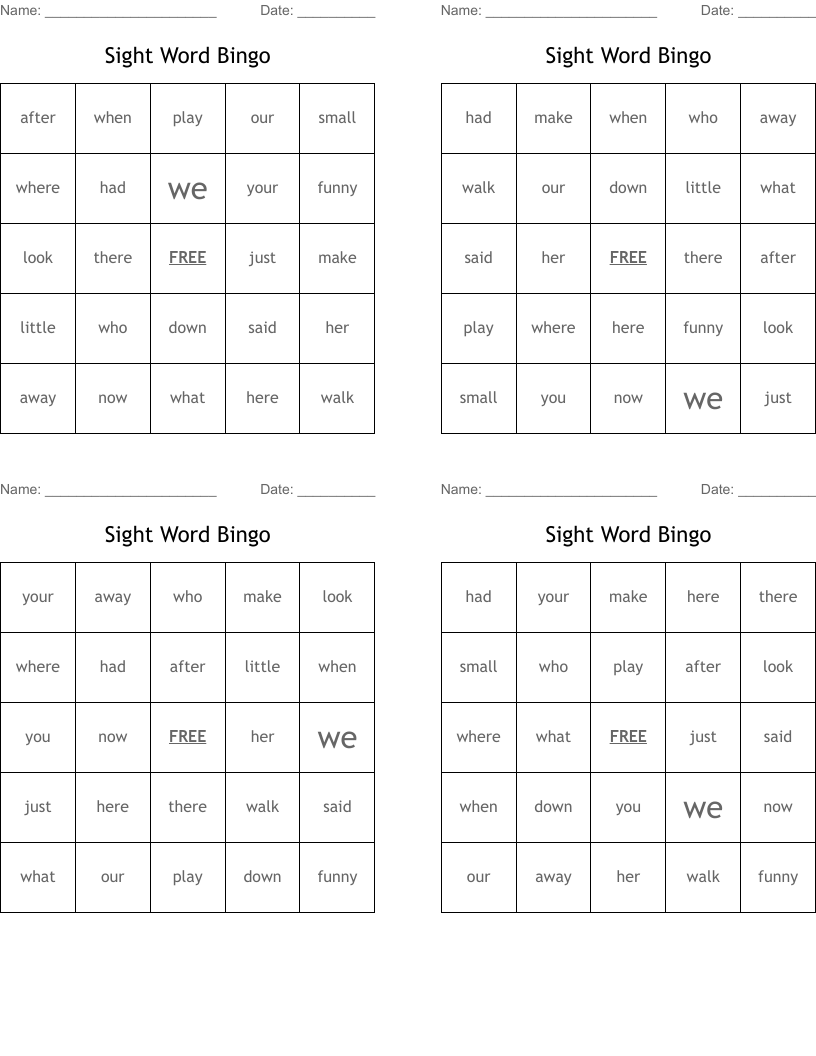 Sight Word Bingo