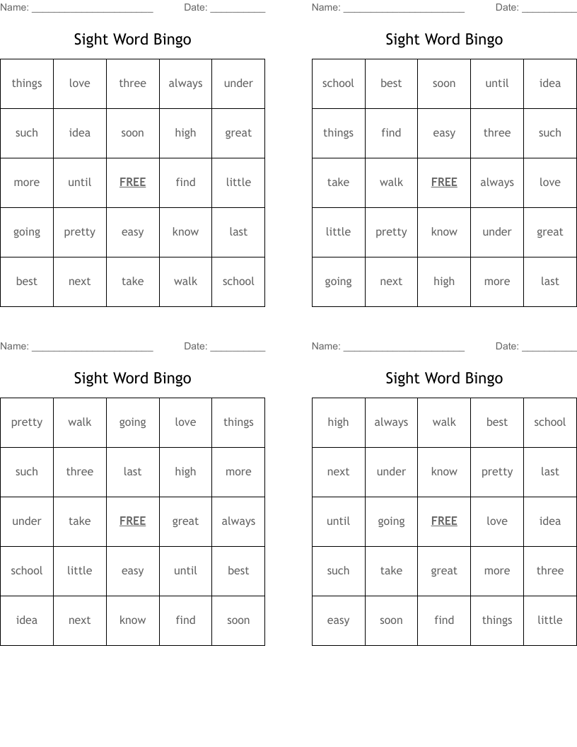 Sight Word Bingo