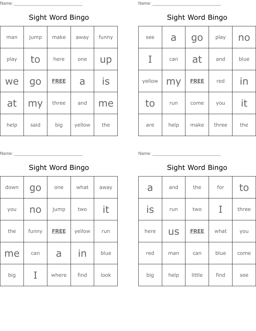 Sight Word Bingo